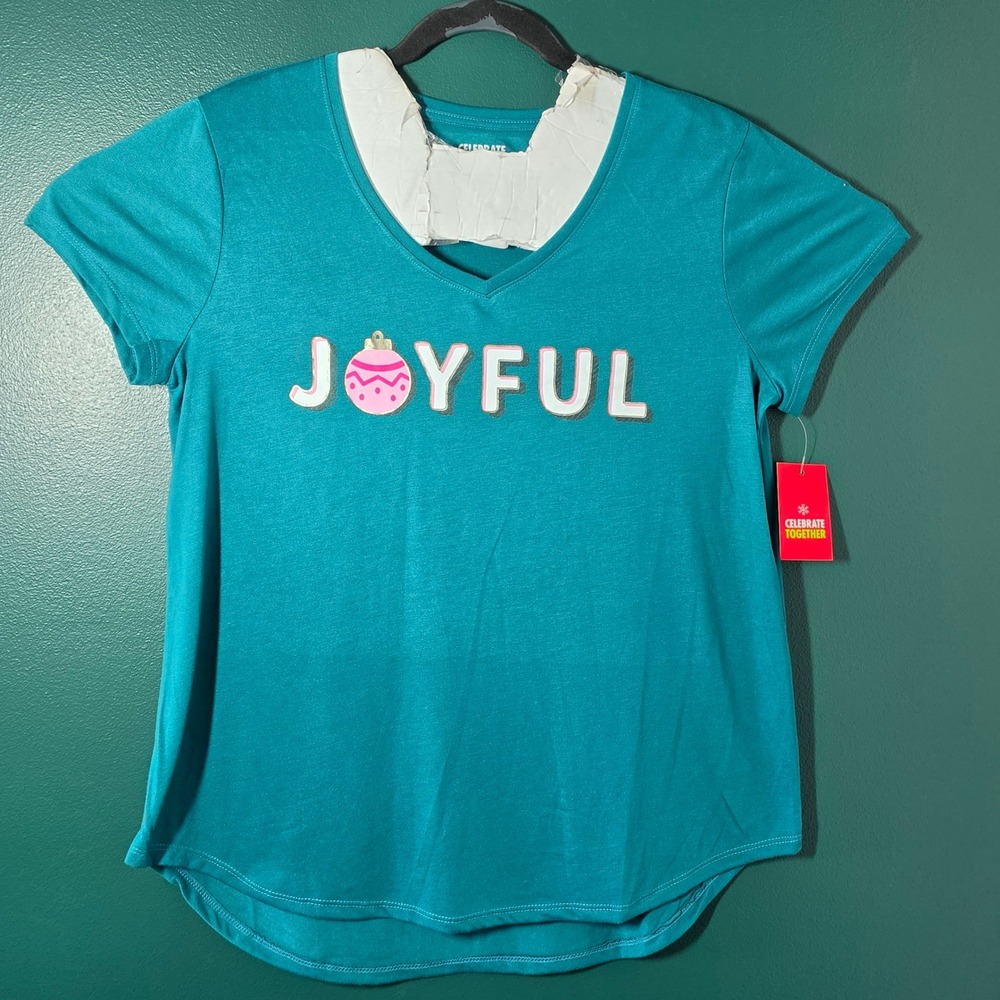 Celebrate Together Womens Teal Joyful Christmas Graphic V-Neck Tee Large NWT
